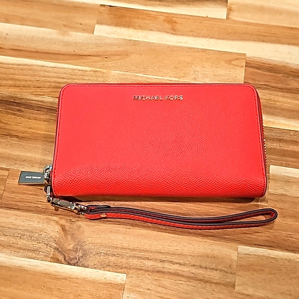 Michael Kors leather wristlet wallet coral